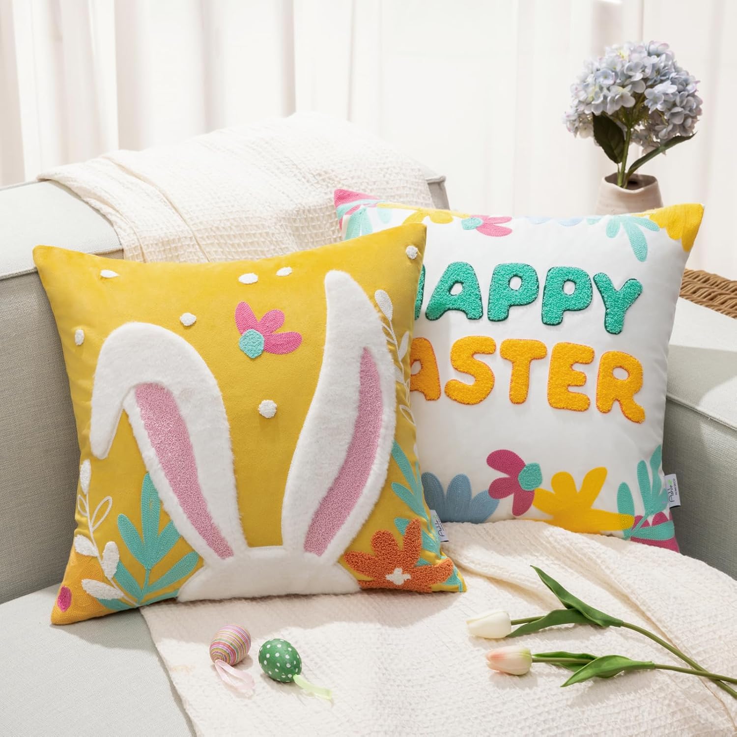 Ashler Easter Bunny Pillow, Easter Decorations Pillow Covers, Rabbit Pillow Covers, Light Green 18X18 in Pillow Cover, Set of 2 for Easter Home Decor, Cute Rabbit Pillowcases for Spring