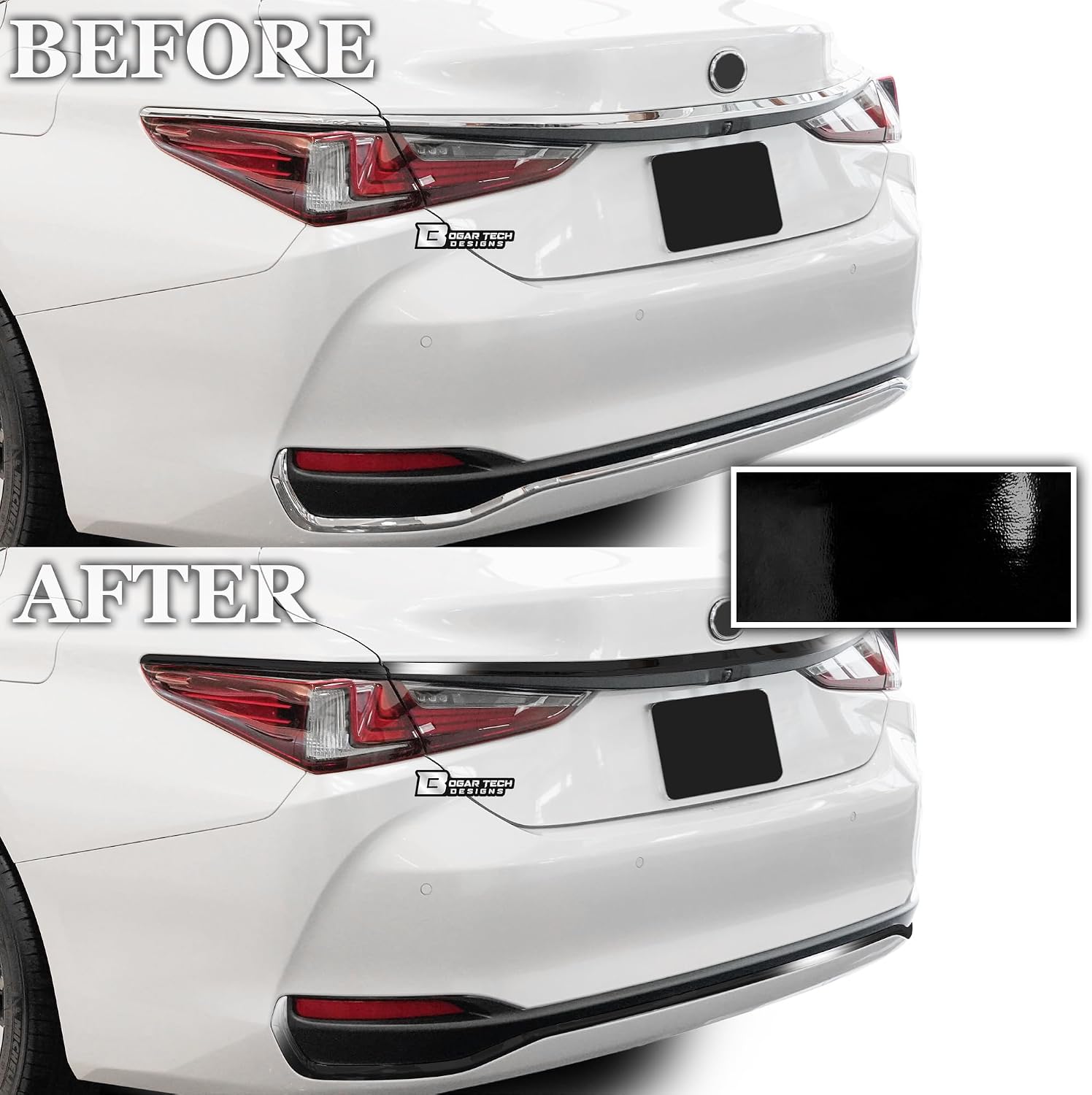 BOGAR TECH DESIGNS for Lexus ES 2019-2026 Rear Bumper Chrome Delete – Precut Vinyl Trim Overlay, Gloss Black Blackout Look