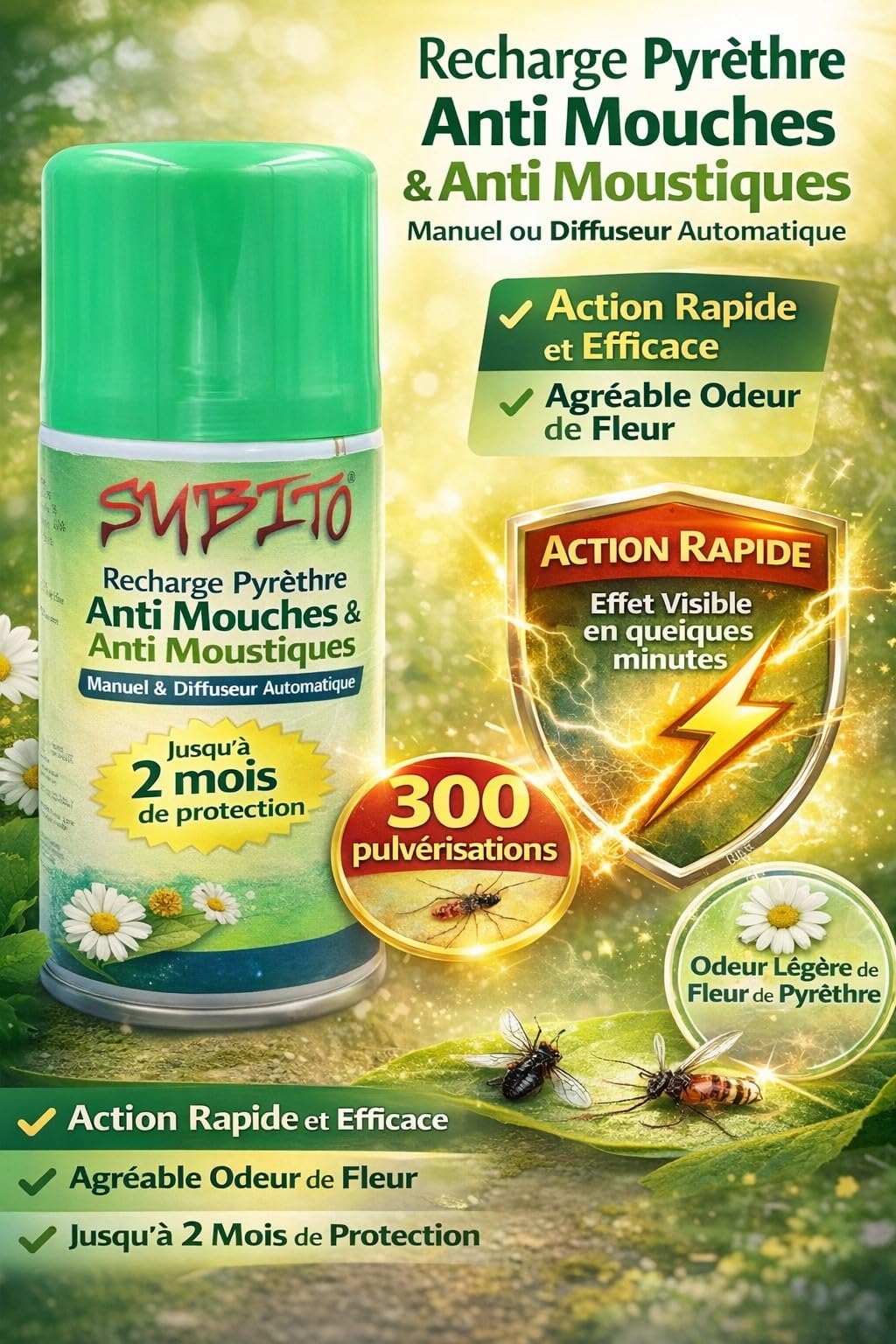 NUISIPRO - Diffuseur Anti Mouches, Anti moustiques - 1 Diffuseur & 1 Recharge Puissante Verte - Insecticide Pyrèthre - Protection Continue, Choc, Durable,