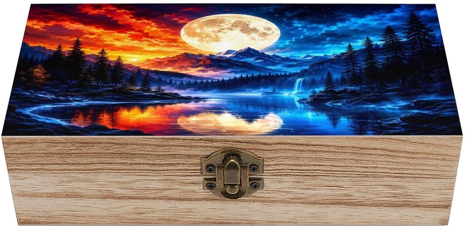 Moonlit Mountain Valley Wooden Storage Box with Hinged Lid for Women, Compact Durable Jewelry Gift Box for Preserve Photos Letters Small Heirlooms