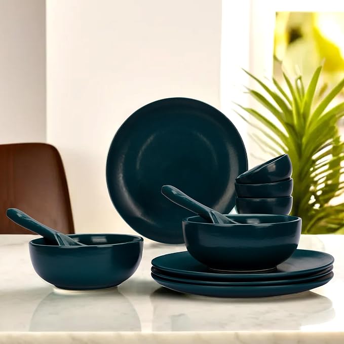 USHA SHRIRAM Ceramic Dinner Set (12 Pcs) | Microwave Safe Dinner Plates and Bowls Sets Cookware | Chip Resistant Dinnerware Sets | House Warming Gifts New Home for Couple Men Women (Deep Green)