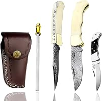 Vista 1 de Camel Bone - Cuchillo plegable de cuerno de búfalo de 6,5 pulgadas, hecho a mano de acero de damasco, con afilador incluido para bolsillo, 100 %