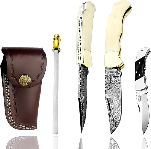 Camel Bone - Cuchillo plegable de cuerno de búfalo de 6,5 pulgadas, hecho a mano de acero de damasco, con afilador incluido para bolsillo, 100 %