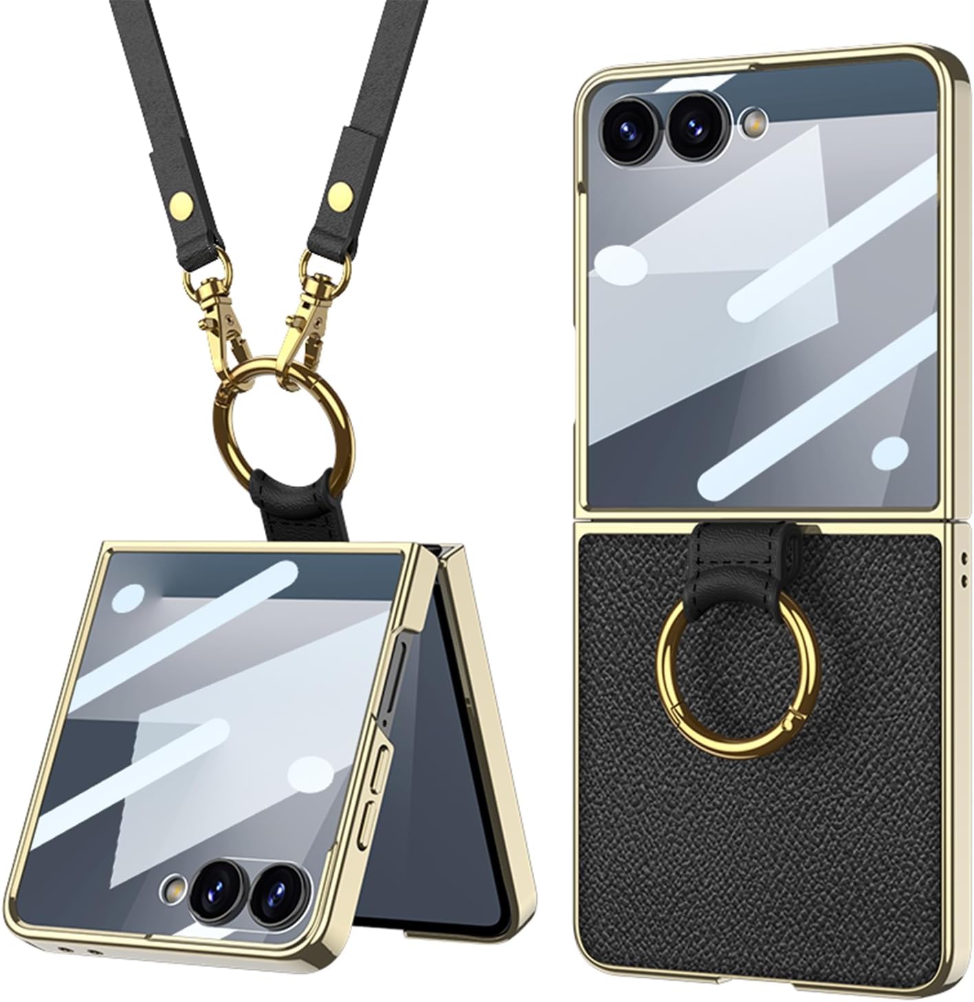 Lunivop Compatible with Samsung Galaxy Z Flip 7 Case with Crossbody Strap Lanyard Ring Kickstand PU Leather Cover Built in Small Screen Protector Full Coverage Phone Case(for Z Flip 7 2025 Black)