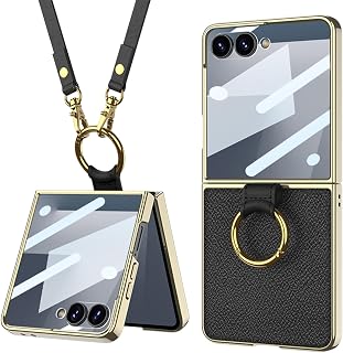 Galaxy Z Flip7 用 ケース レザー サブフィルム付き リング付き ストラップ付き Uovon 電気メッキフレーム 高級・ブラック