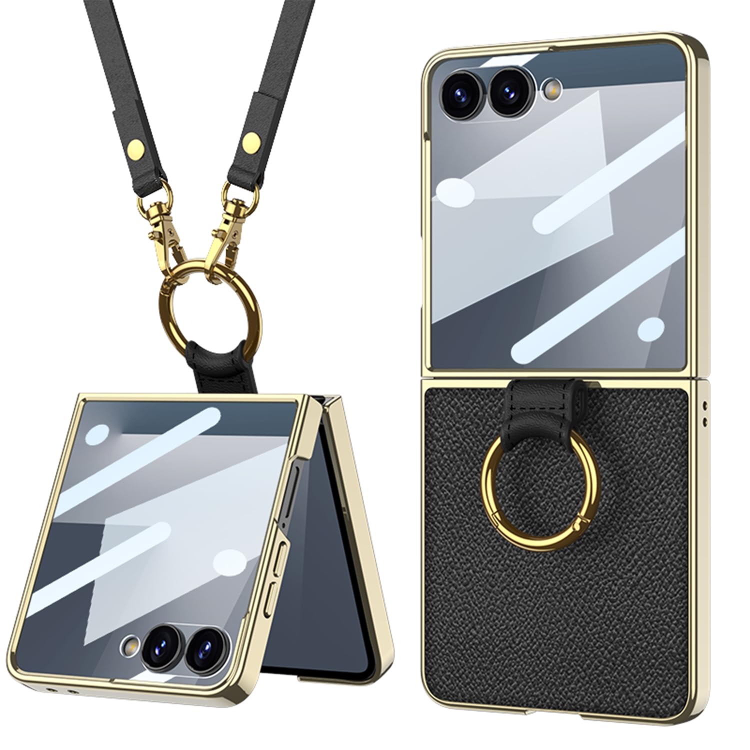 Galaxy Z Flip7 用 ケース レザー サブフィルム付き リング付き ストラップ付き Uovon 電気メッキフレーム 高級・ブラック | Samsung ギャラクシーzフリップ7 / SC-55F / SCG35 カバー スタンド機能 スマホと密着 薄型 ストラップ穴付き 全面保護 おしゃれ 人気 韓国風 斜め掛けベルト