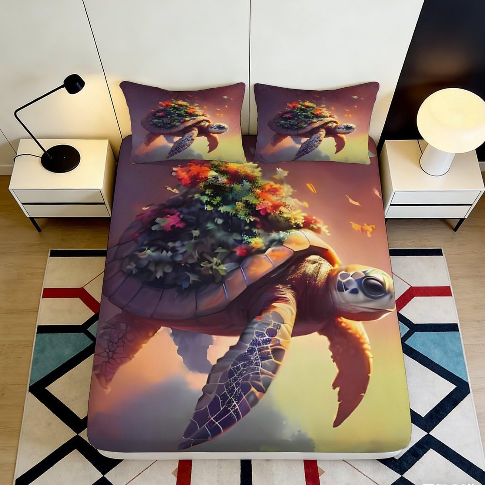 3D Printed Ocean Turtle Fitted Sheet Microfiber Soft Breathable Coral Reef Bed Cover for Bedroom Dorm Decor 90x200x25cm