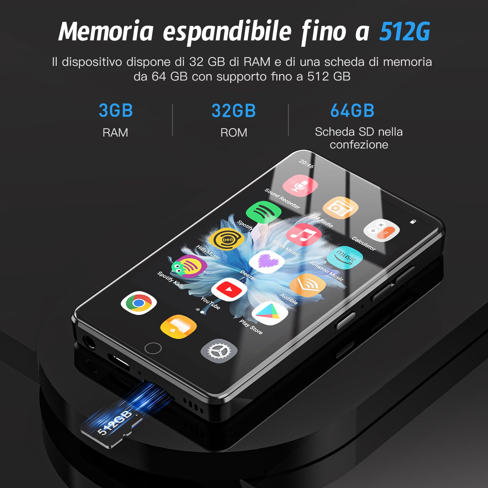 Lettore MP3 da 96 GB con Bluetooth e WiFi, lettore MP4 IPS HD Touch Screen da 4,02", lettore musicale per bambini con sistema operativo Android 13, lettore MP3 MP4 con Play Store