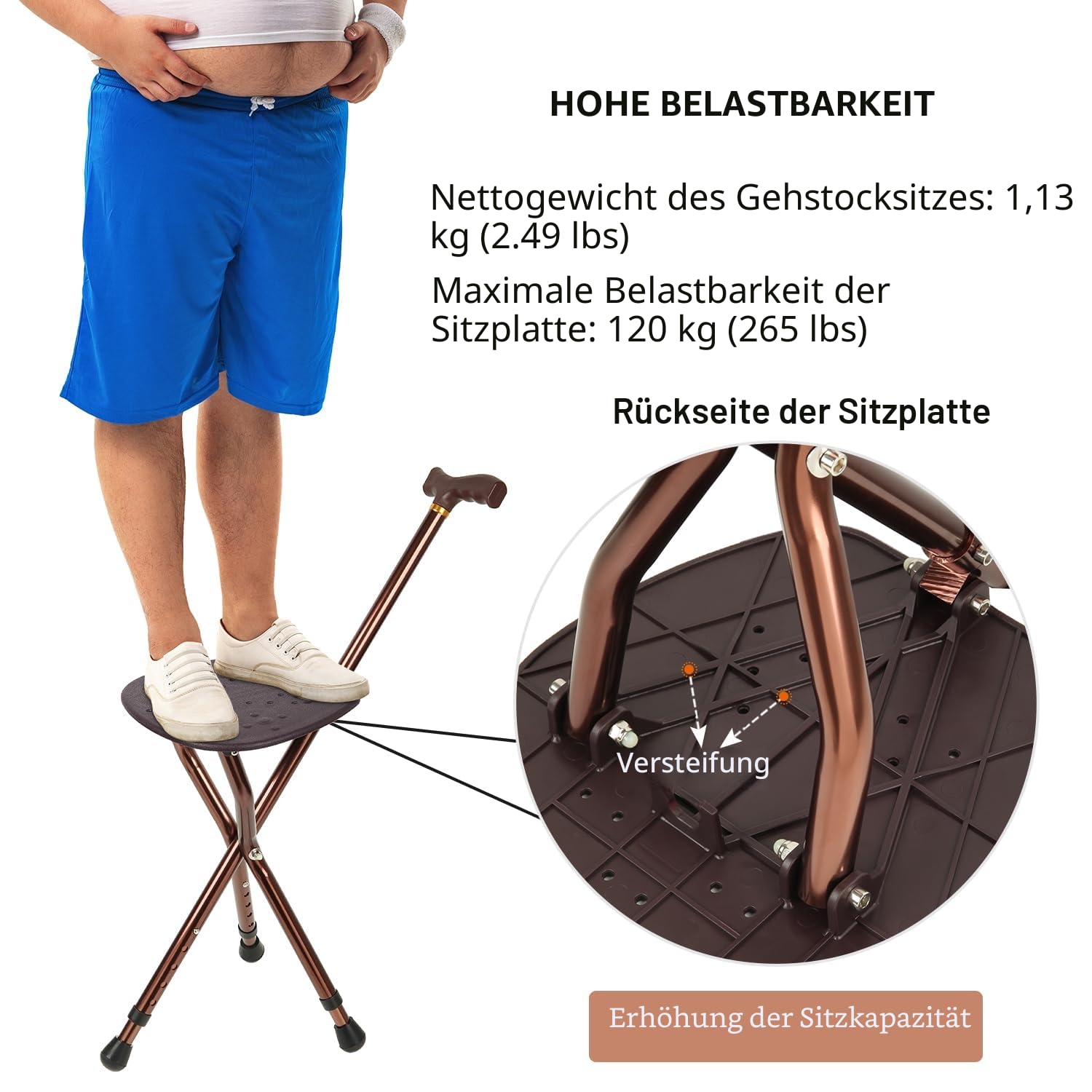 Gehstock mit Sitz für Männer 120 kg Kapazität, LINGTHIN große Sitzplatte ist höhenverstellbar, klappbar mit Sitzstäbchen, geeignet für ältere Menschen und Rehabilitationspersonen.