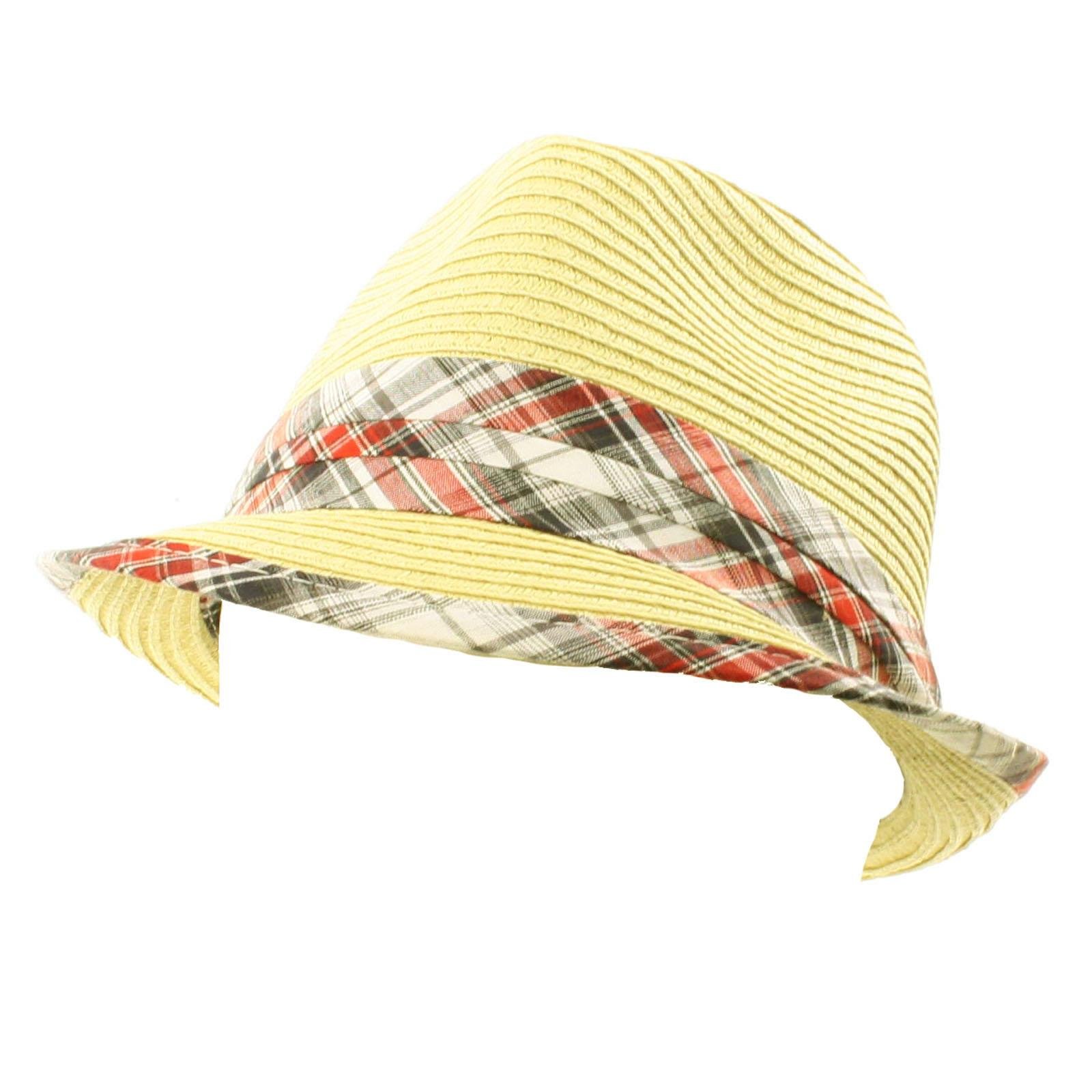Boys Kids Age 6-12 Child Summer Plaid Fedora Trilby Beach Hat Cap Natural 54cm