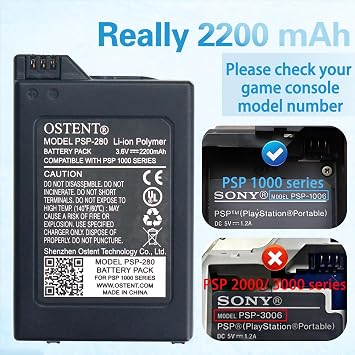 OSTENT Upgraded Version Real 2200mAh 3.6V Lithium Ion Li-ion Polymer Rechargeable Battery Replacement for Sony PSP 1000 PSP-280 Console Video Games