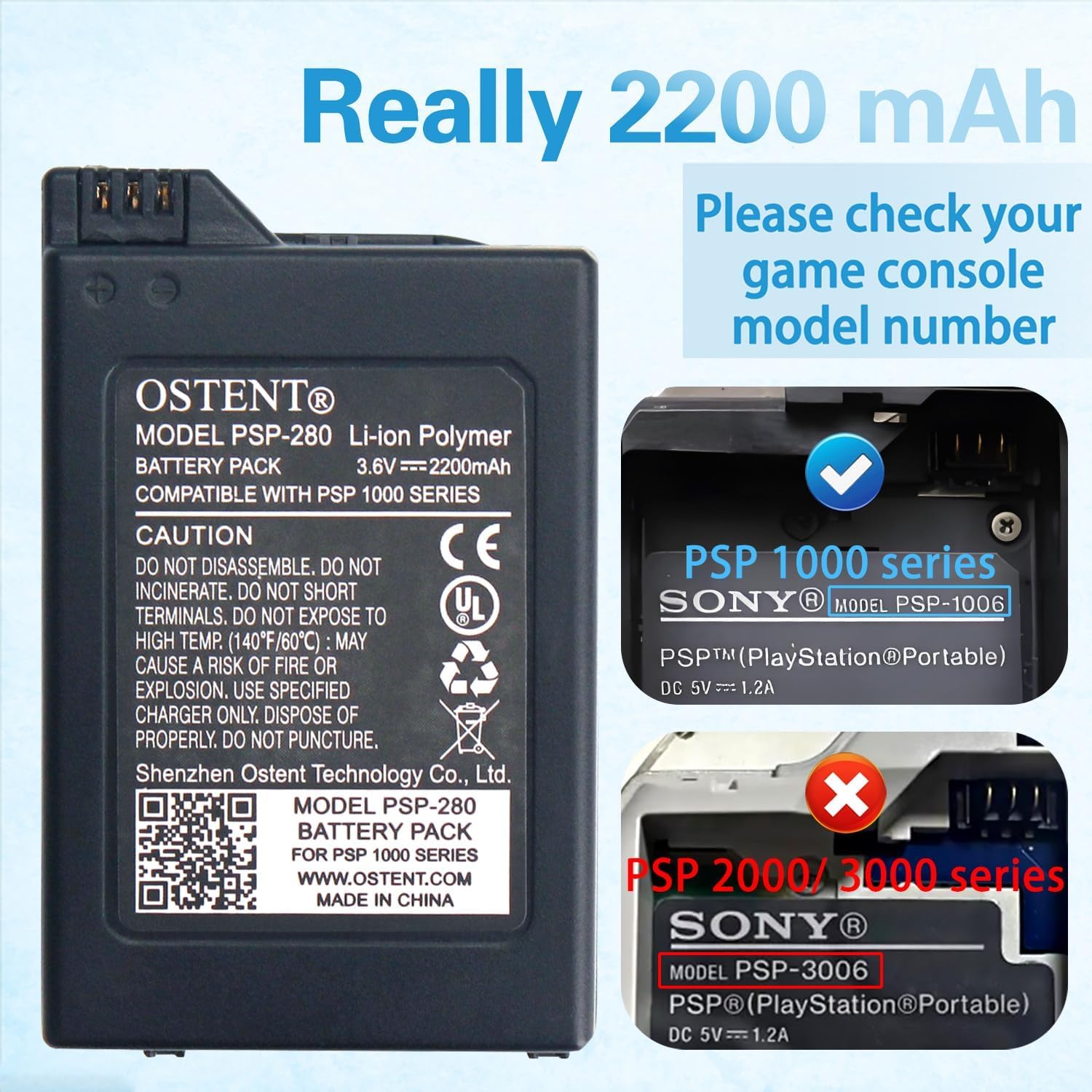 OSTENT Alta Capacità di Qualità Reale 2200mAh 3.6V agli Ioni di Litio agli Ioni di Litio Batteria Ricaricabile ai Polimeri di Ricambio Versione Aggiornata per Sony PSP 1000 PSP-280 Console Videogiochi