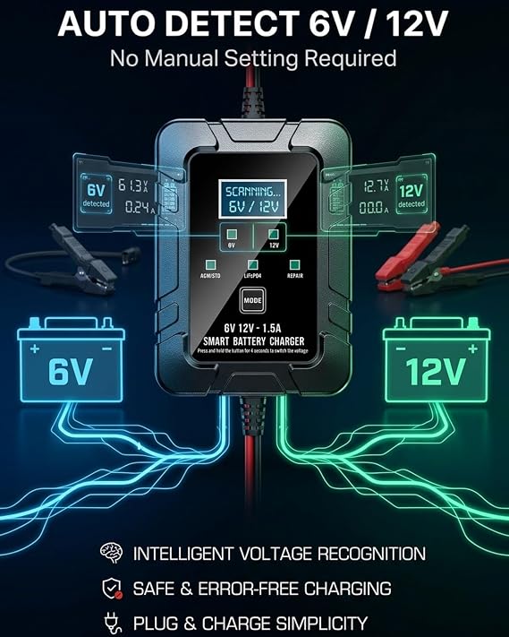 6V 12V Automatic Intelligent Recognition Battery Charger Smart Trickle & Maintainer Float with Overcharge Protection Temperature & LED Display Compensation for Car Motorcycle Lawn Mower Marine(Black)