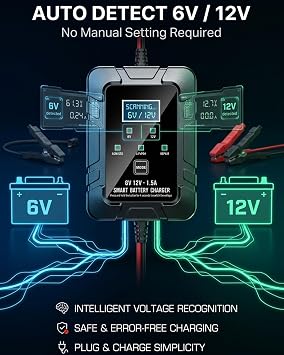 6V 12V Automatic Intelligent Recognition Battery Charger Smart Trickle & Maintainer Float with Overcharge Protection Temperature & LED Display Compensation for Car Motorcycle Lawn Mower Marine(Black)