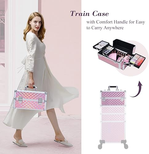 Vista 25 de Adazzo Maleta de maquillaje 4 en 1 con ruedas para cosméticos, caja de tecnología de uñas para artistas de maquillaje, estilistas, estuche de Negro