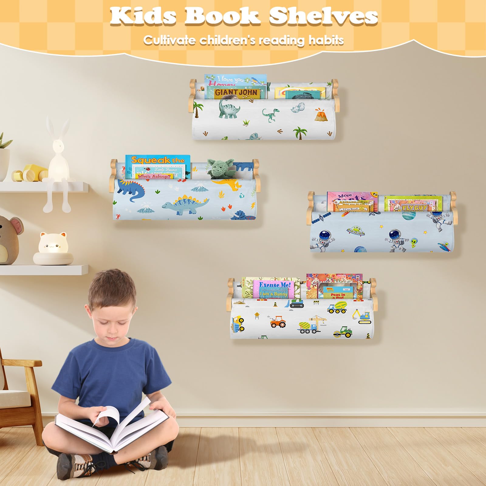 Decalsweet Kids Bookshelf,Set of 4 Floating Book Shelves for Wall,Wooden Book Shelf for Kids Room Classroom Nursery Decor,Gift for Boys Toddler Children,Dinosaur - Image 2