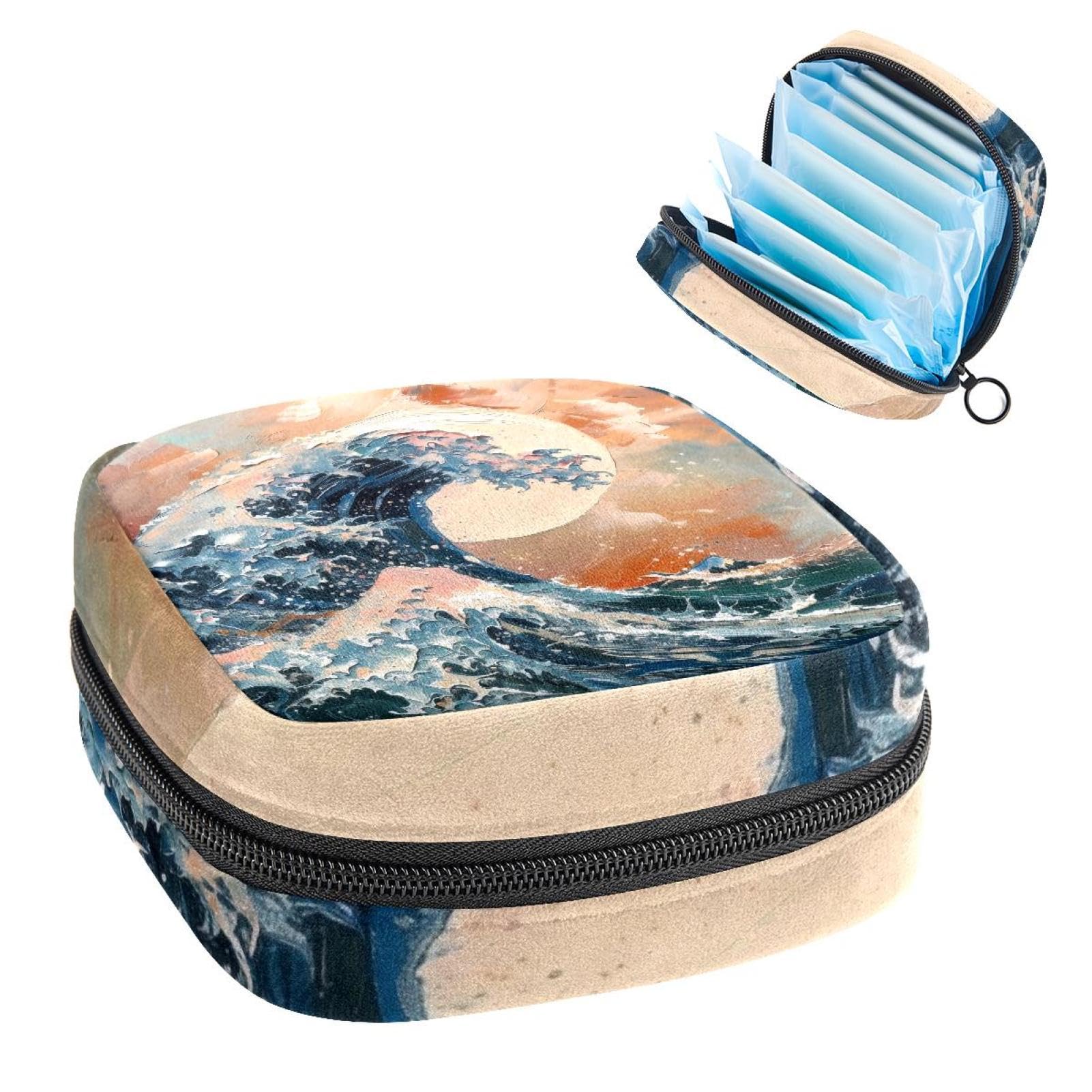 Sanitary Napkin Storage Bag for Women Cute, Feminine Menstruation Pad Holder for Period, Portable Zipper Menstrual Pad Bags Sea Wave