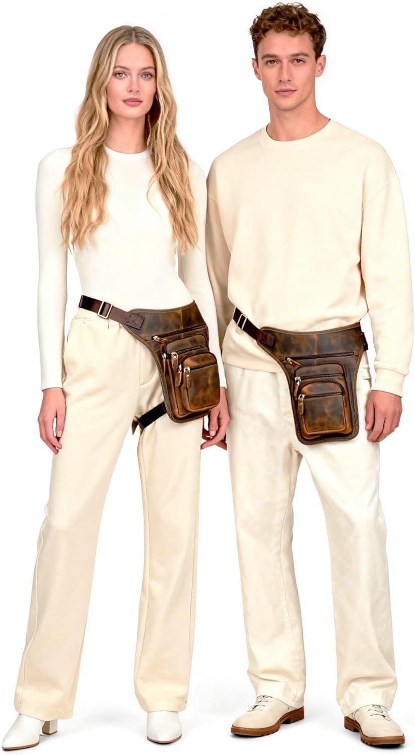 Water Resistant Canvas + Leather Motorcycle Travel Fanny Waist Pack Drop Thigh Leg Bag Pouch For Men Women FB913-5 - Image 2