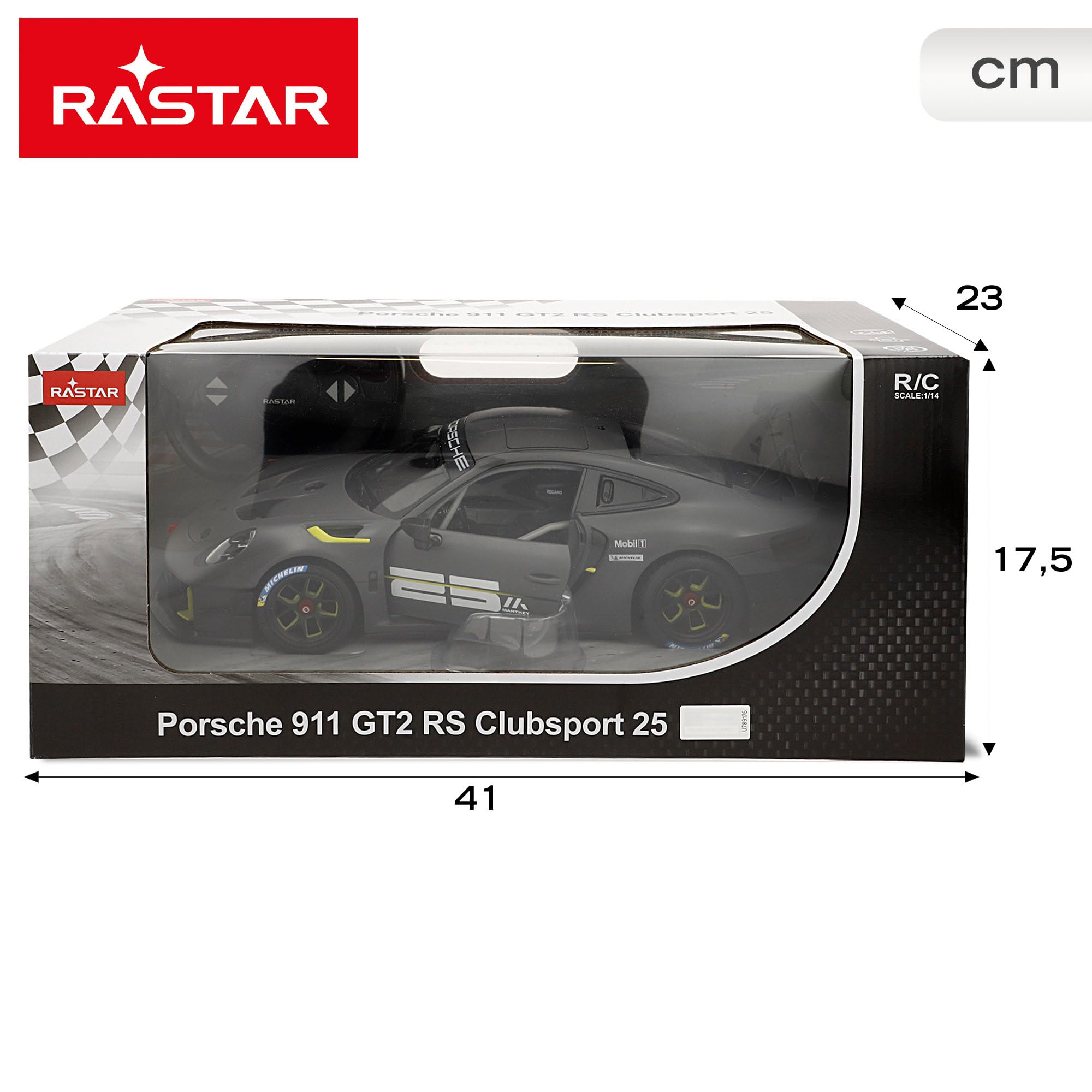 ColorBaby Rastar samochód zdalnie sterowany, Porsche 911 GT2 RS Clubsport 25, oficjalna licencja, skala 1:14, ze światłem, samochody zdalnie sterowane, pojazd zdalnie sterowany, pilot (41275)