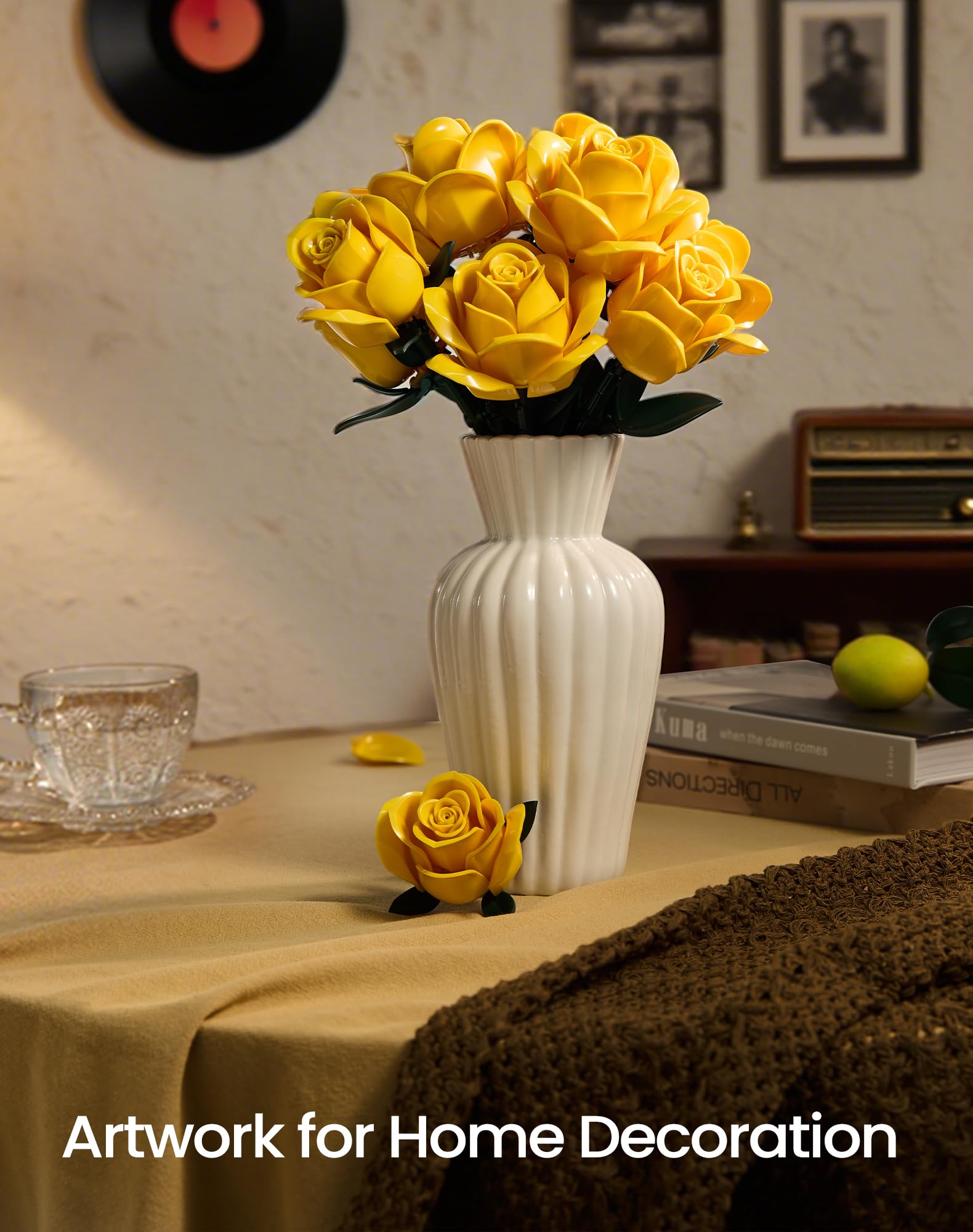 iATOM Burgundy Red Rose Bouquet Building Set, 12Pcs Flower Botanical Collection Kit for Adult, for Her/Girlfriend/Mom/Wife/Couple, Vintage Home Office Table Centerpiece Decor: Yellow Rose Bouquet