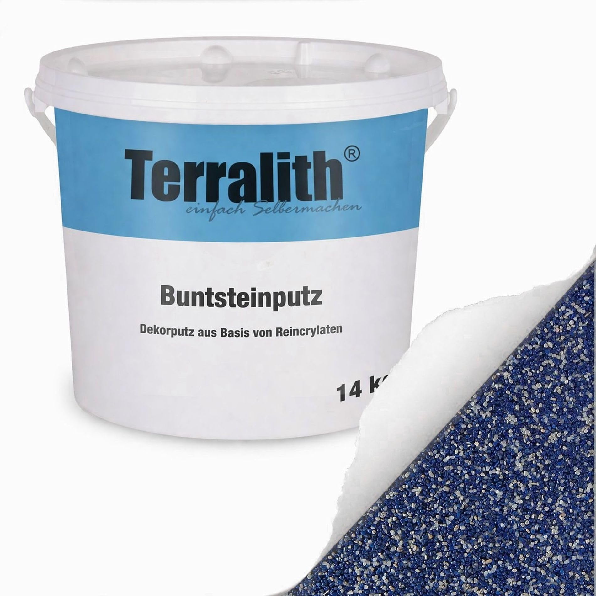Terralith Buntsteinputz 14kg in blau-weiß, Sockelputz für Innen und Außen mit Reinacrylat Bindemittel aus Naturstein, 1-2mm Körnung (BSP11)