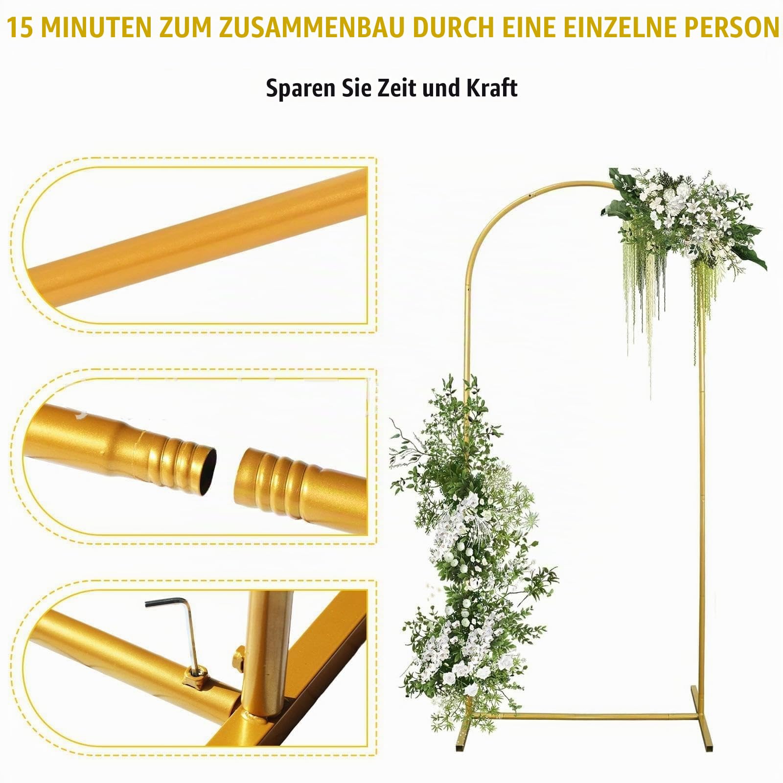 2m Gold Hochzeitsbogen, Metallbogen Hintergrund Ständer für Party | Ballonbogen Ständer mit stabiler Basis, Passt zu Hochzeiten, Geburtstagen und Eröffnungsfeiern (1x2m)