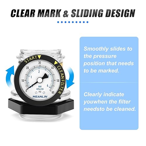Vista 52 de MEANLIN MEASURE Marco de plástico de 0 ~ 60 psi, medidor de presión de arranque NPT y filtro limpio, adecuado para piscina, spa, acuario, montaje