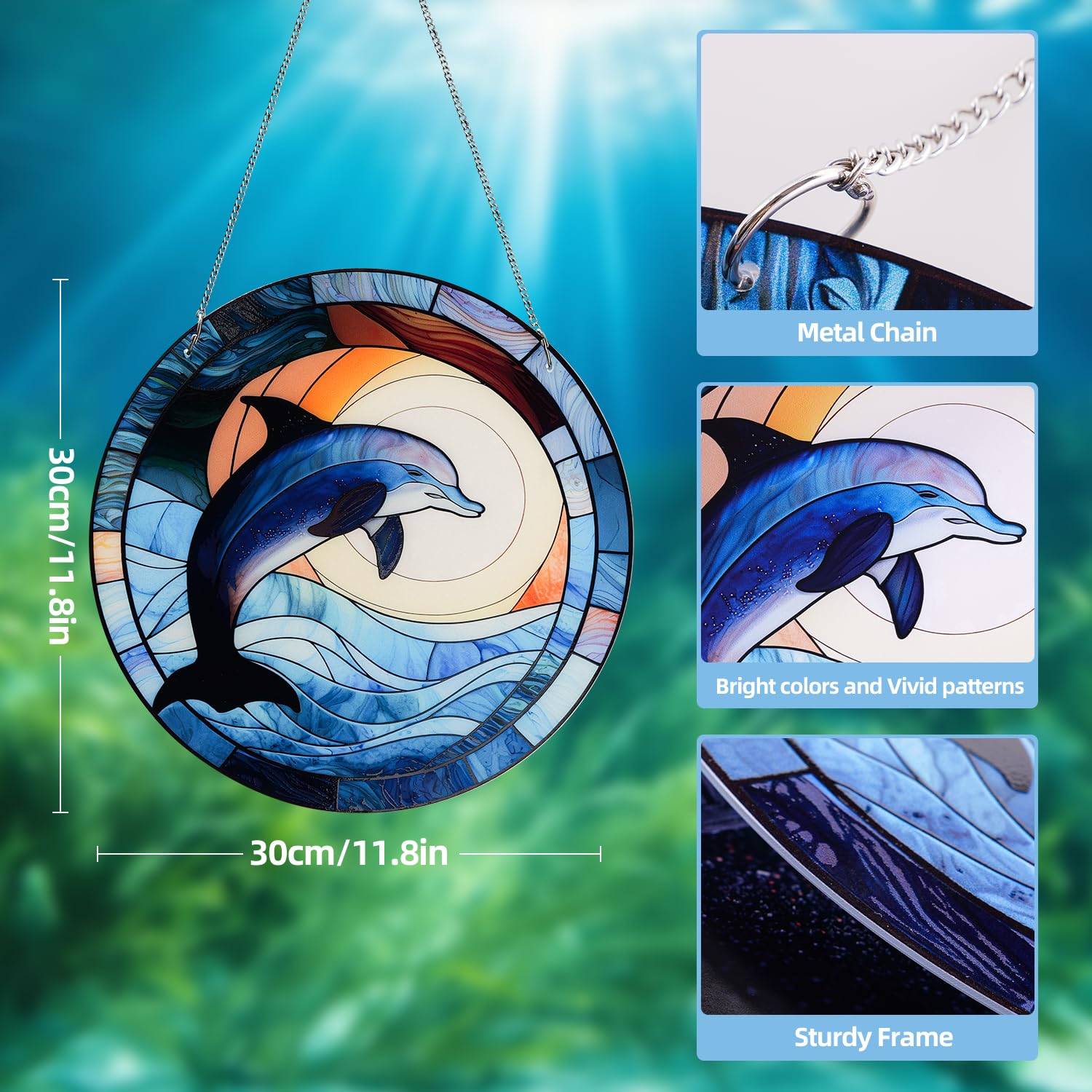 30 cm große Acryl-Buntglas-Fensterdekoration, groß, Buntglas-Fensterbehänge-Kits, Delfin, bunte Sonnenfänger, Innenfenster, Fenster, Gedenkstätte, Türdekoration, Wandkunst-Dekoration