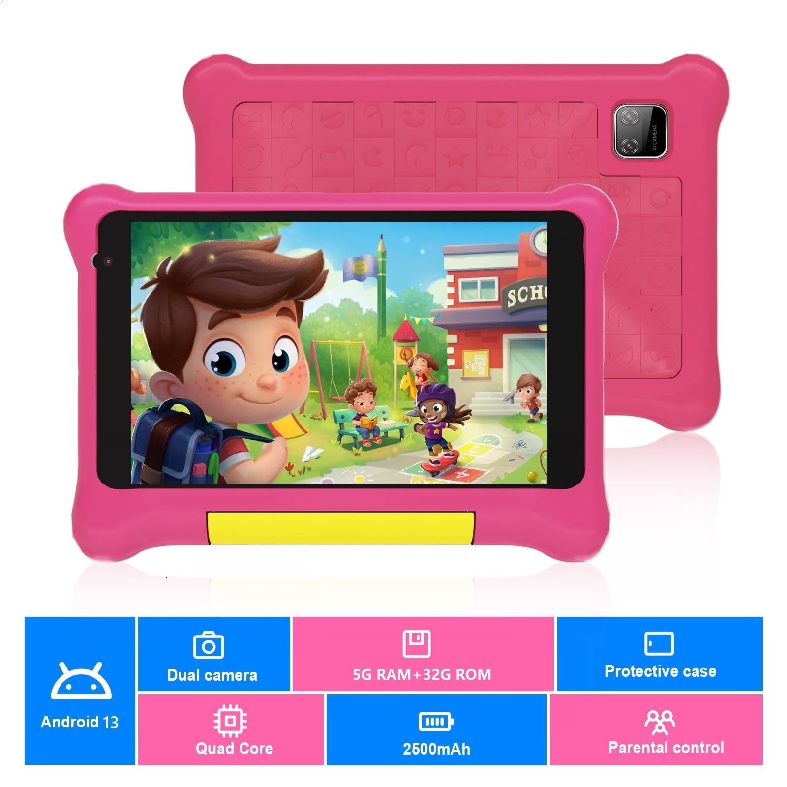 Yicty Tablet Bambini 7 Pollici Android 13 Quad Core 5 GB RAM 32 GB ROM 128 GB Estensione Controllo Parentale Tablets Educativo con Custodia Antiurto (Rosa)