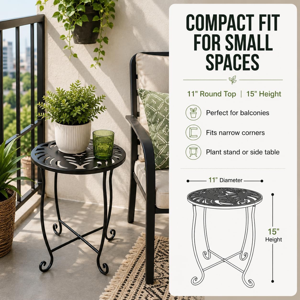 2-Piece Small Round Outdoor Side Tables, Monstera Cutout, Metal Patio