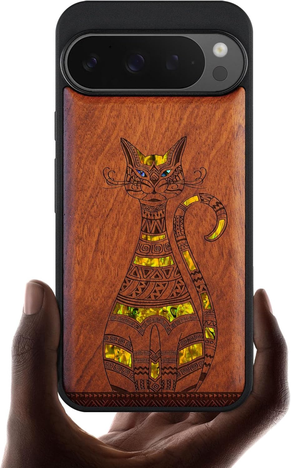 Carveit Magnetic Wooden Case for Google Pixel 9 Pro XL Case, Wood Artisan Engraved & Handmade Shell Inlaid, Compatible with MagSafe Wireless Chargers, Tribal Cat Art - Rosy