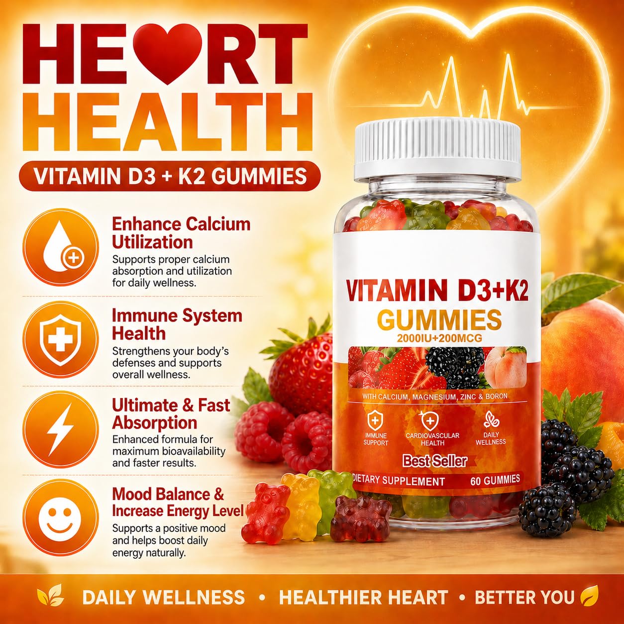 Vitamin D3 + K2 Gummies 2000 IU with Calcium, Magnesium & Zinc, Mixed Fruit — Amazon image 5