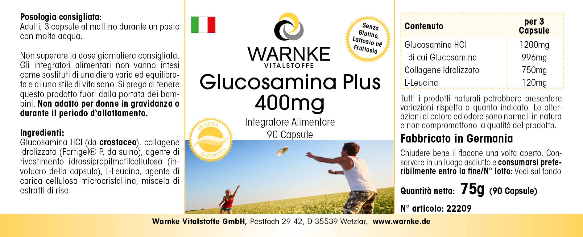 Glucosamine Plus 400mg - avec 1200mg de Glucosamine par dose journalière - 90 gélules - Avec Collagène | Warnke Vitalstoffe - Qualité des pharmacies allemandes (Lot de 3)