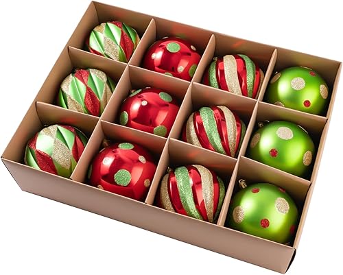 Adornos de bola de Navidad grandes de 4 pulgadas, 12 piezas inastillables de color rojo, verde y dorado, adornos de Navidad clásicos de lunares para