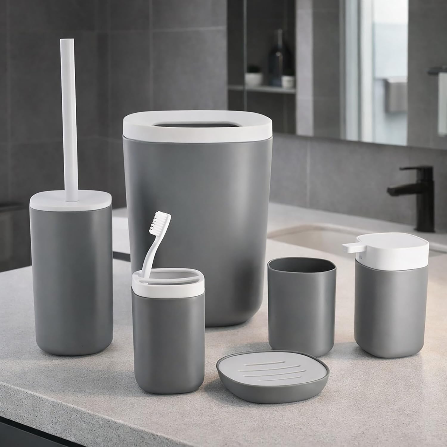 Trendy 6-Piece Bathroom Ensemble Set - Chic Matte Gray Finish with White Details, Features Waste Bin, Liquid Soap Dispenser, Toothbrush Cup, Tumbler, Toilet Brush Holder, Soap Tray