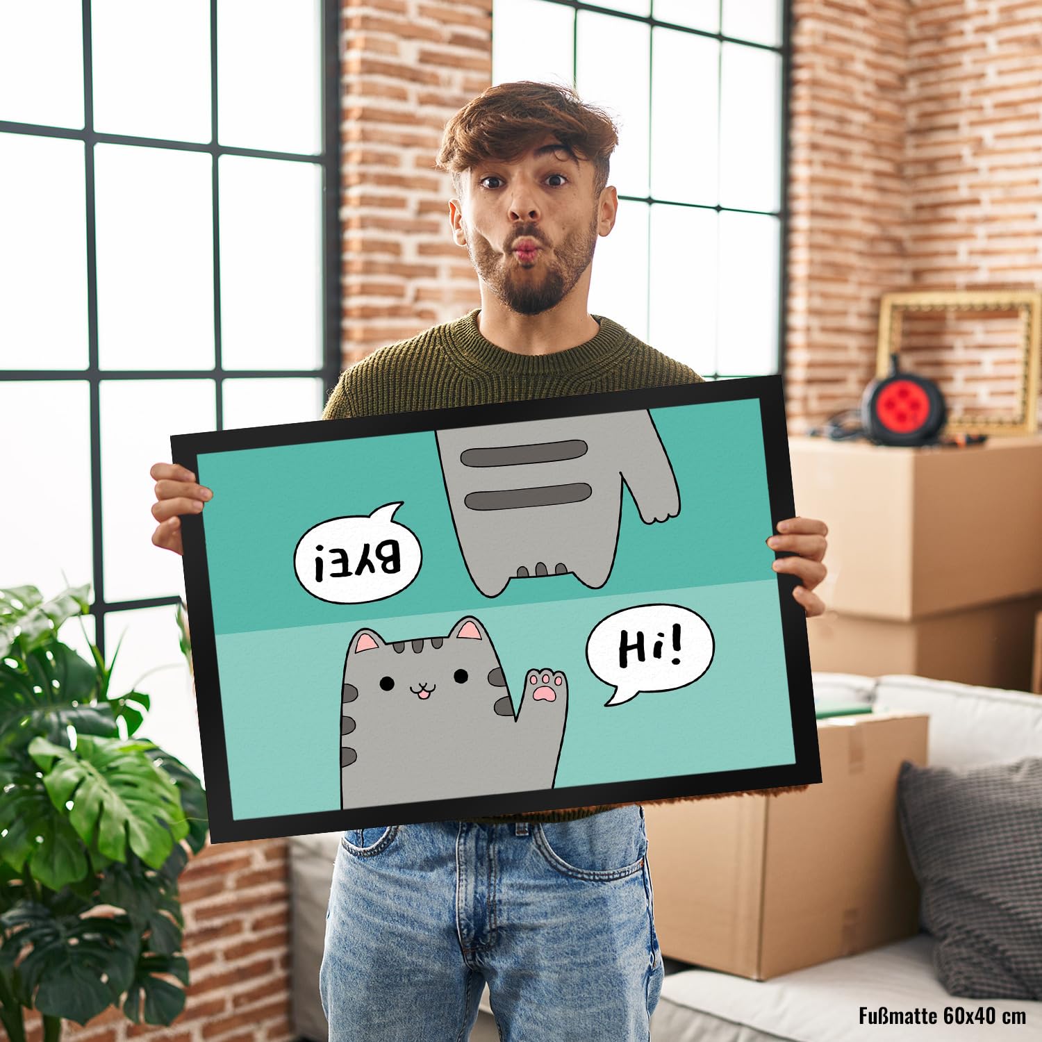 speecheese Katze Kawaii Fußmatte XXL in 50x75 cm mit Spruch Hi - Bye Neko süß Willkommen Besuch Hallo Tschüss Comic Doormat - Bezaubernde Katzenmotive für Haustür Flur Eingangsbereich