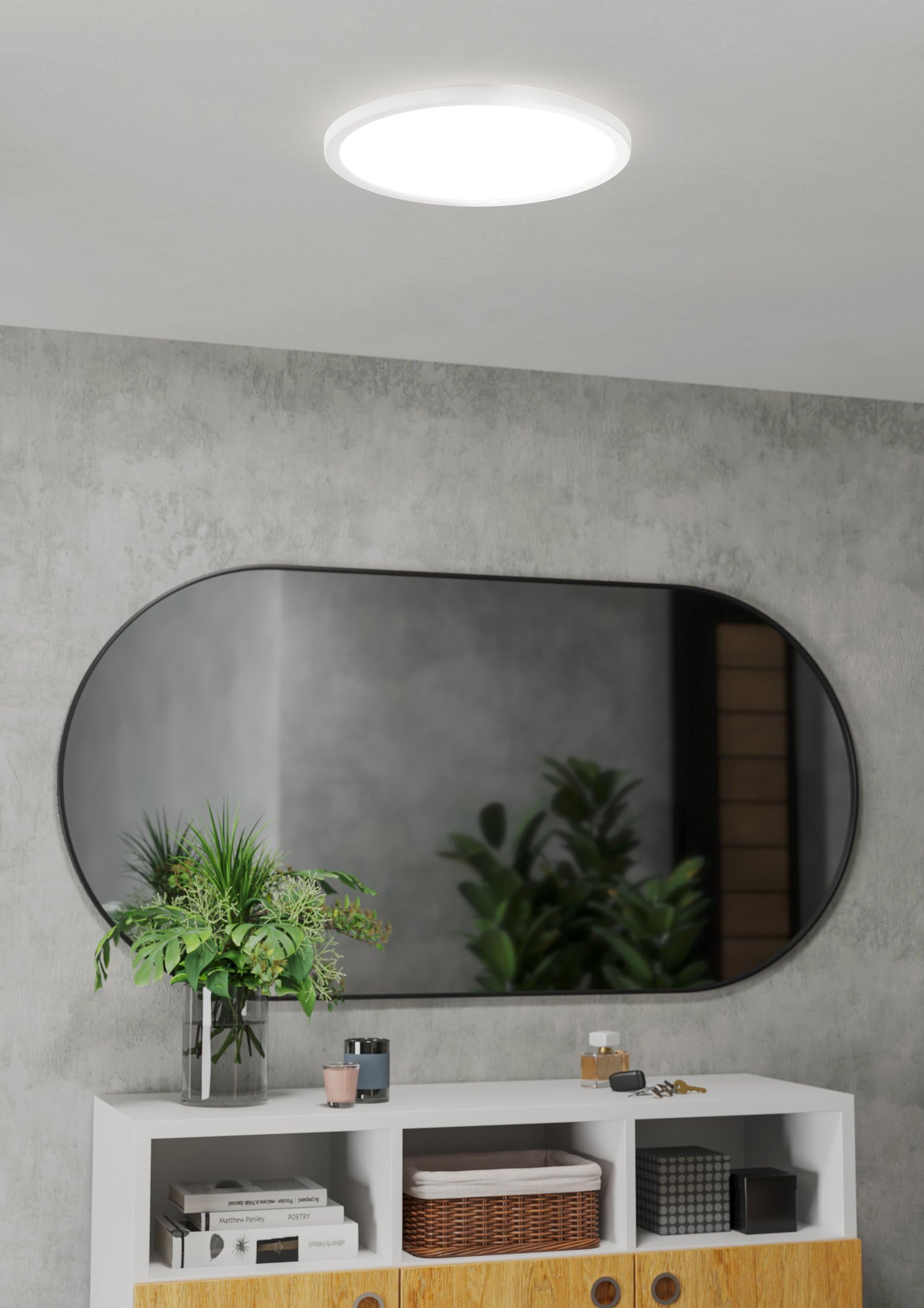 EGLO LED Deckenleuchte Rovito runde Badezimmer | Deckenlampe mit Fernbedienung, Badlampe Decke aus Kunststoff in Weiß, Deckenbeleuchtung warmweiß-kaltweiß, IP44, Ø 39 cm