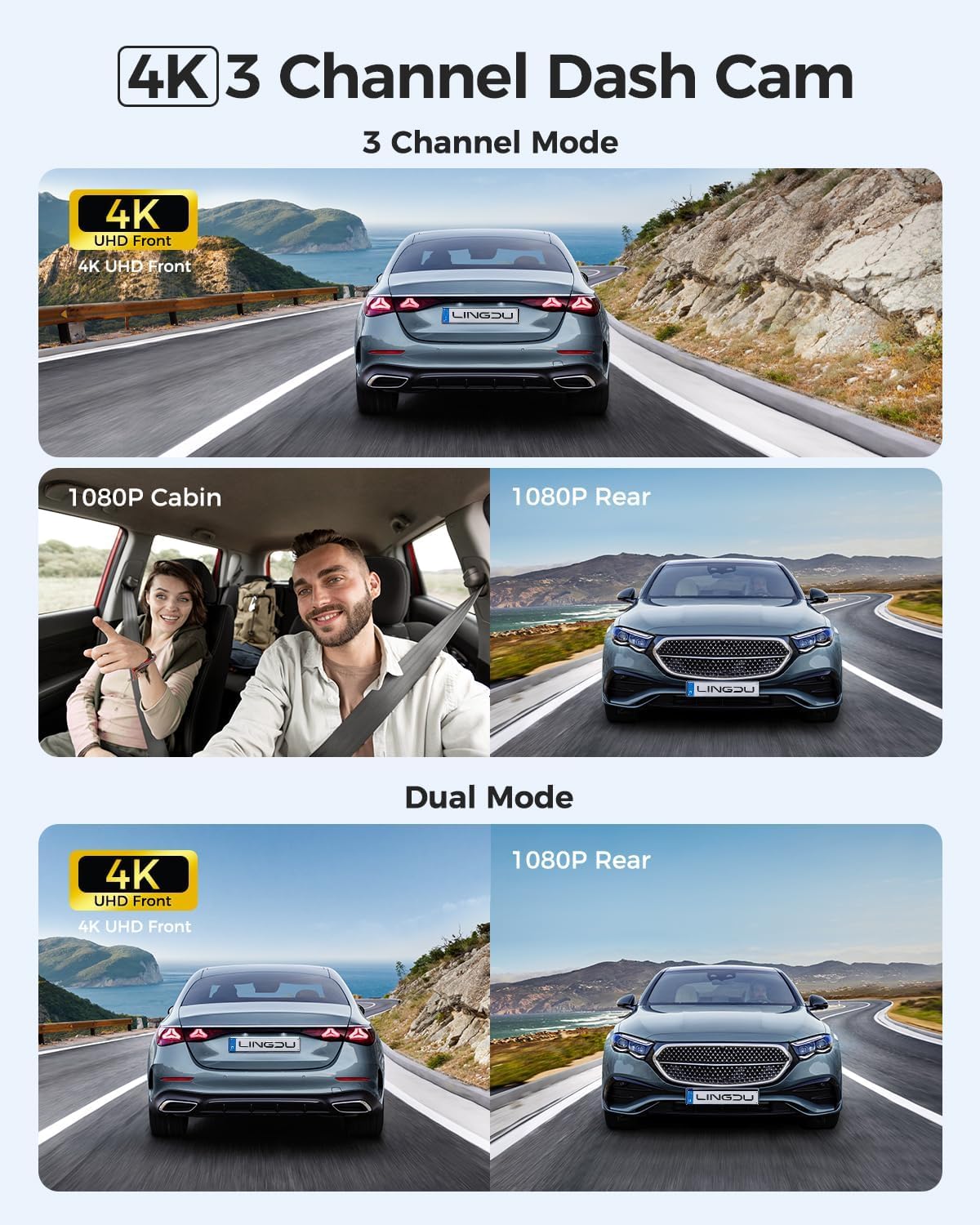 Cámara de Coche WiFi GPS 4K de 3 Canales, 4K+1080P+1080P Dashcam Camara Coche con Visión Nocturna IR, Control de Voz, Tarjeta SD de 64GB, Pantalla IPS de 2.4", Monitor de Aparcamiento 24H V630