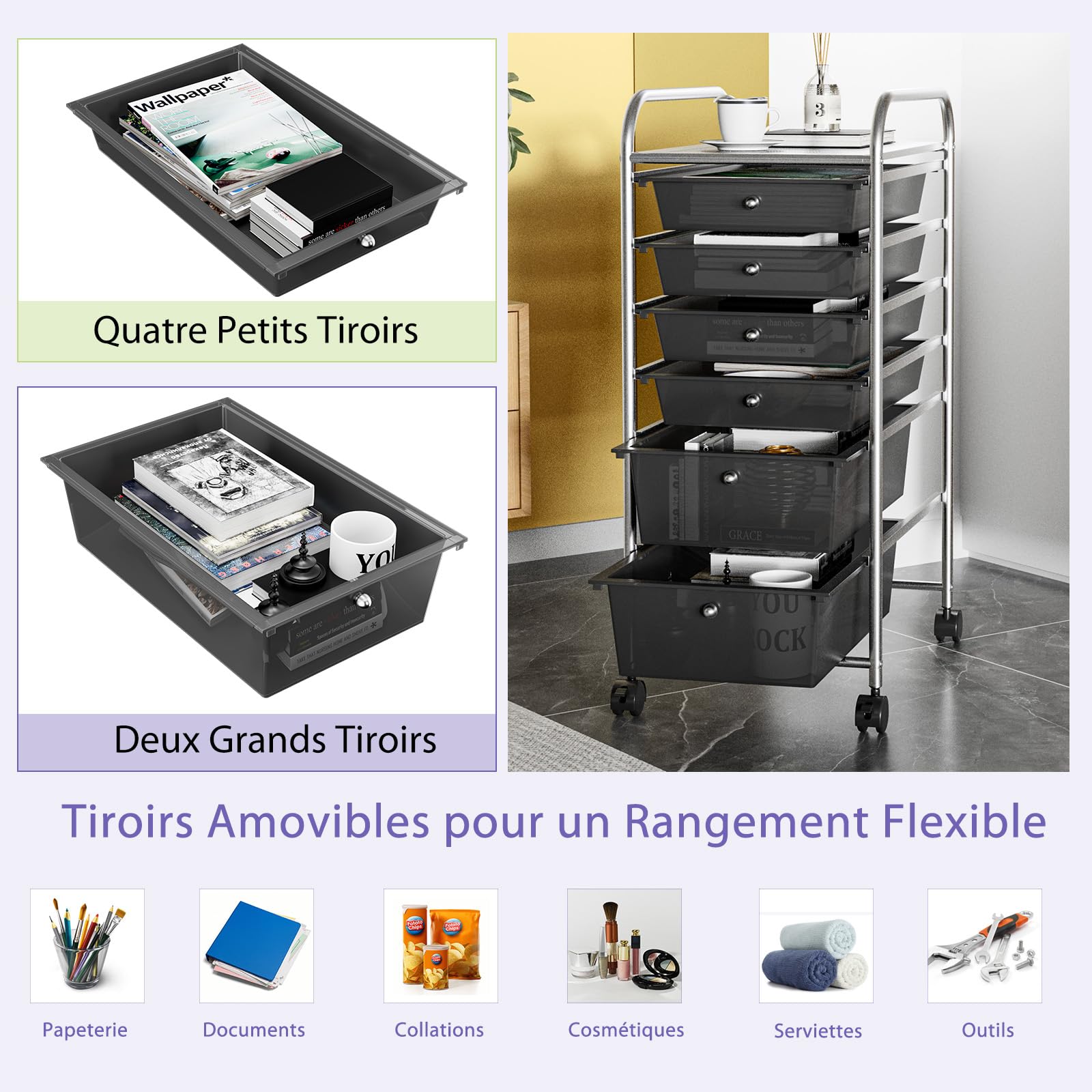 GIANTEX 6 Tiroirs Chariot de Rangement, Tour de Rangement Bureau sur roulettes, Desserte à roulettes Verrouillables avec Cadre Métal, Idéal pour Bureau, Salon, Chambre (Noir)