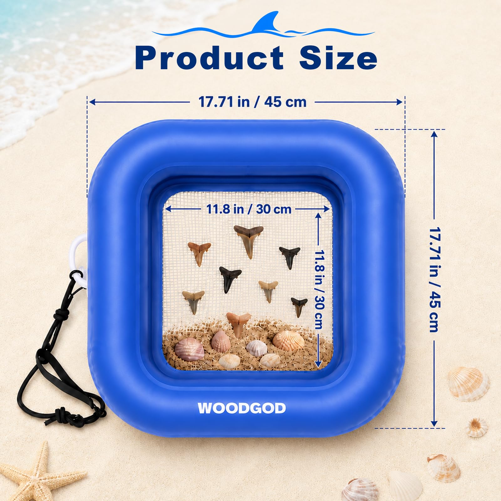 Juego de tamiz de dientes de tiburón extra grande, incluye pala negra, bolsa de playa, pala de malla de playa, malla de tamizado doble, tamiz de arena para dientes de tiburón y caza de fósiles