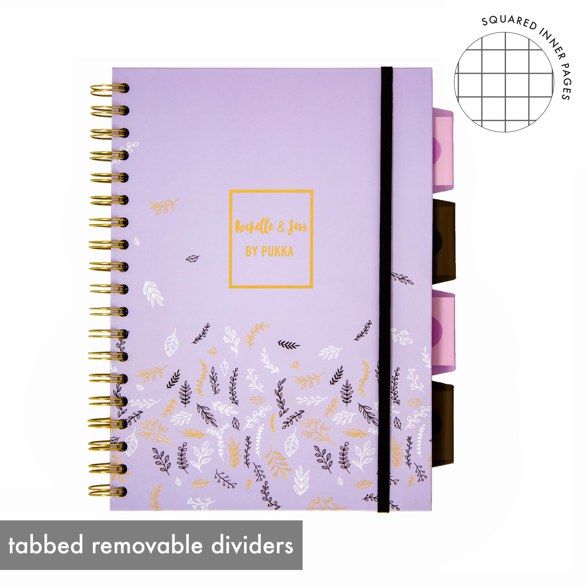 Pukka Pad Rochelle & Jess - Quaderno a spirale a 5 soggetti, confezione da 3 pezzi, 200 pagine, 100 fogli di carta da 80 g/m², con divisori riposizionabili e bordi perforati per pianificazione e