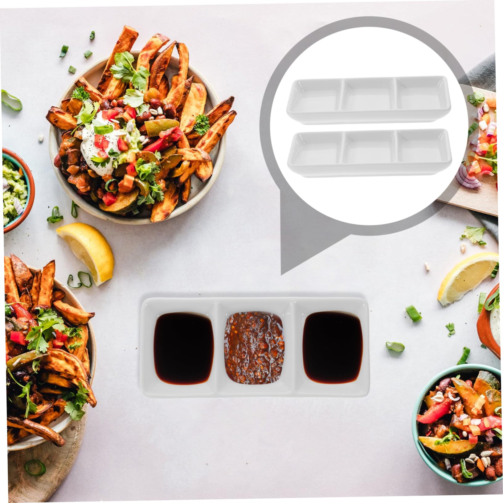 5 Stück Servierschalen aus Keramik 3-Fach Unterteilt Weiß Leicht und Portabel für Sojasauce Senf Saucen zu Hause und Restaurant | Saucen und Appetizer, Tragbar und Leicht, 3-grill Format für Haushalt und Restaurant