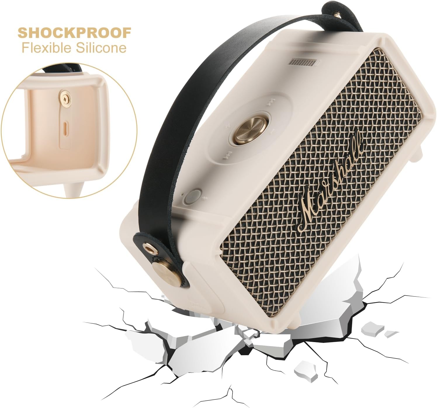 TXEsign Silicone Cover Case for Marshall Emberton II Speaker, Protective Skin Cover Travel Carrying Case Replacement Speaker Sleeve with Handle Strap and Shoulder Strap (Case Only)(Cream) - Image 5