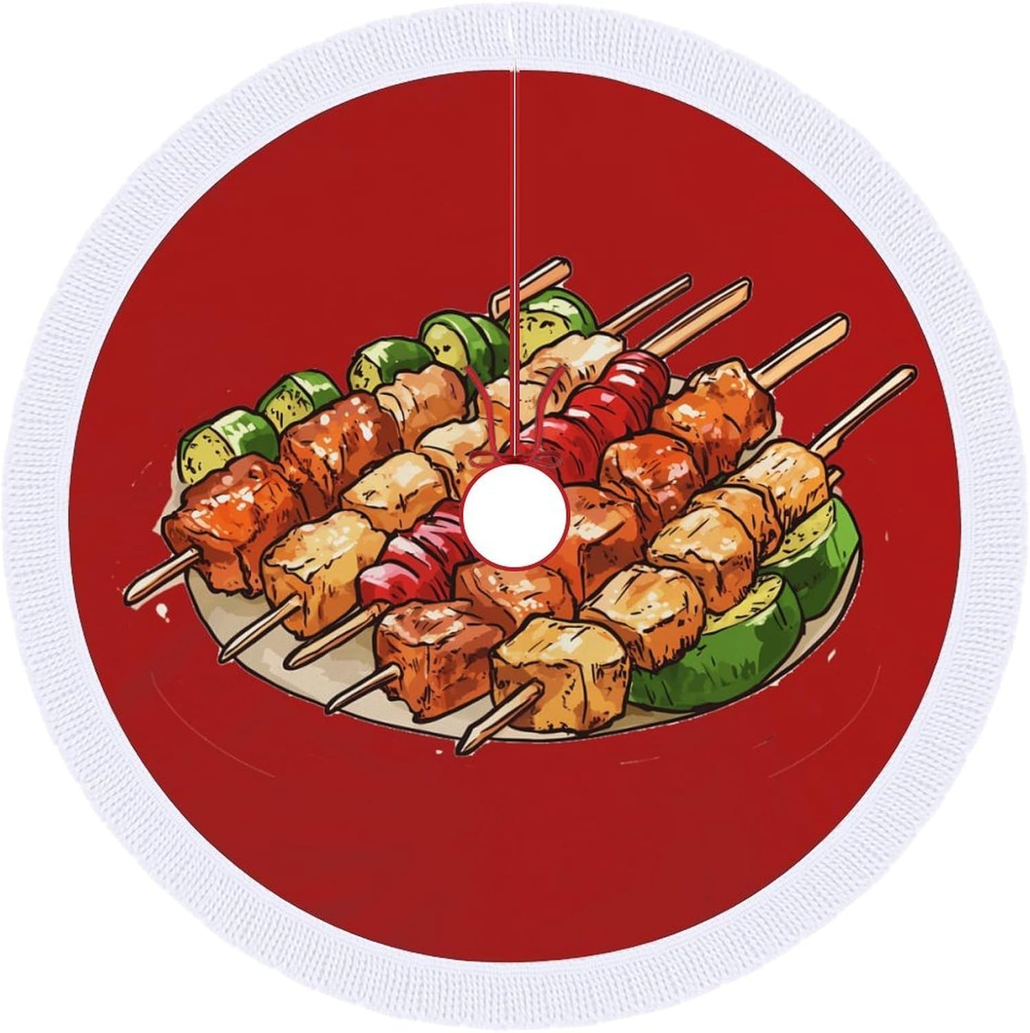 Chicken Skewers BBQ Christmas Tree Skirt Round Xmas Tree Mat Ornaments Tree Skirts with Tassels for Holiday Party