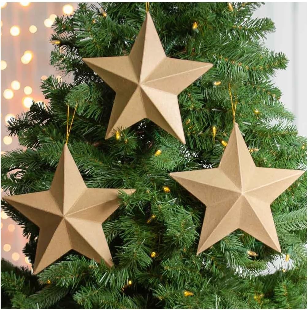 Pack of 12 Paper Mache Dimensional Star Ornaments - DIY Papier Mache Decorations Cardboard Kraft Stars for Christmas Craft Projects or Holiday Decor (8 inches x 8 inches)