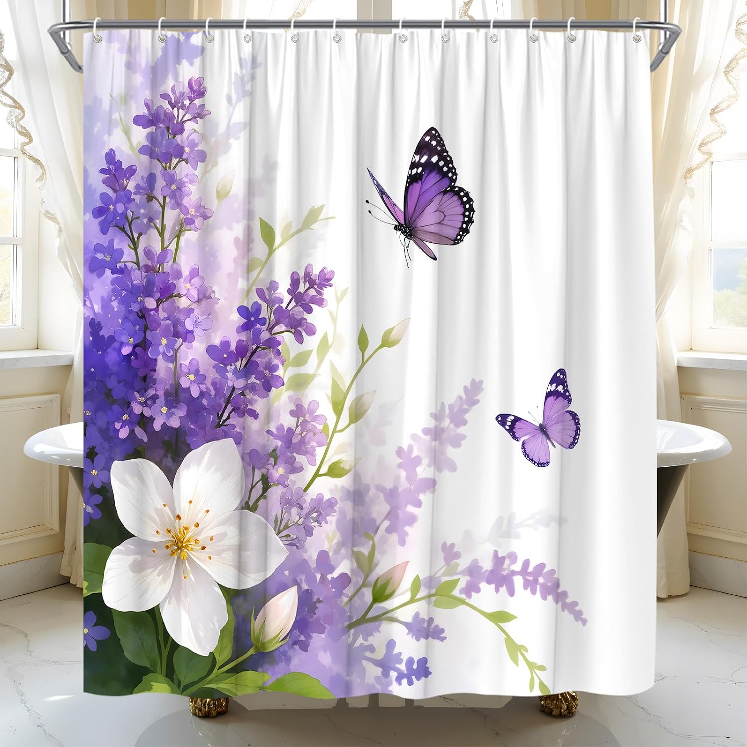 Purple Floral Shower Curtain Butterfly Lavender Flowers Green Plants Spring Polyester Fabric Bathroom Decor Set with Hooks(70" Wx70 H)
