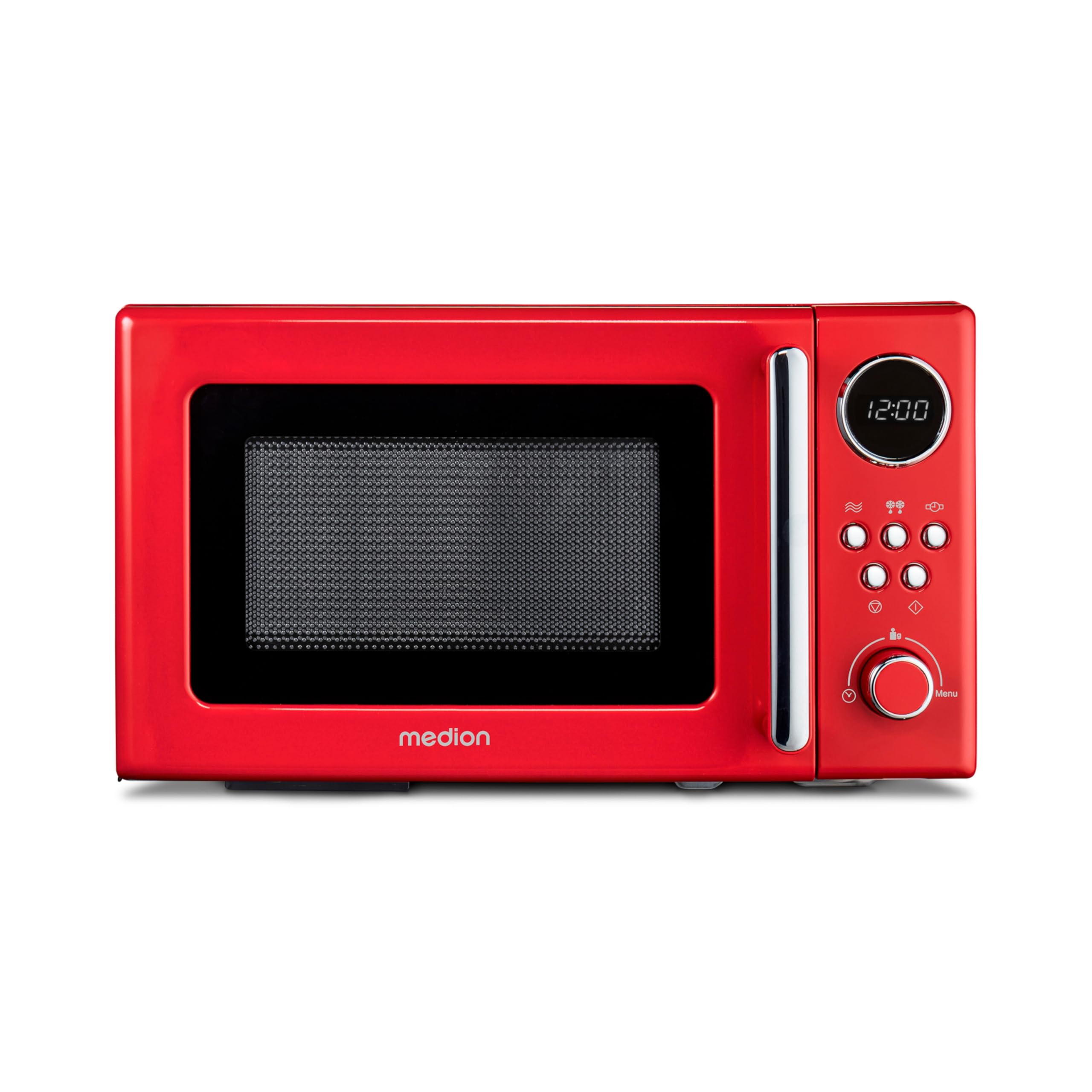MEDION Retro Mikrowelle klein (20 Liter, ca. 800 Watt, 5 Mikrowellenstufen, 8 Automatikprogramme, Digitale Anzeige, Auftaufunktion, kompakt, MD15000) rot