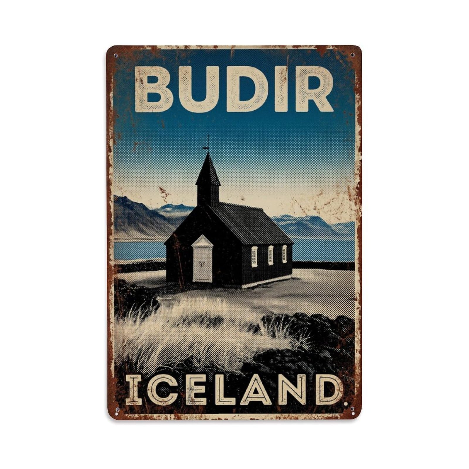 Vintage Travel Budir Iceland Church Metal Tin Sign Plaque Wall Decor for Cafe, Club Bar, Office, Home Garden Metal Poster 8x12Inch