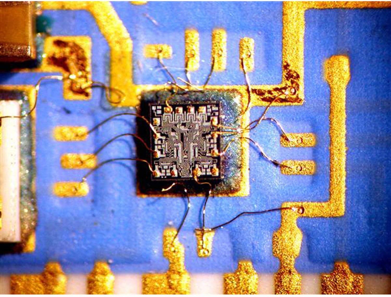 Microscope view of a microchip with intricate wiring