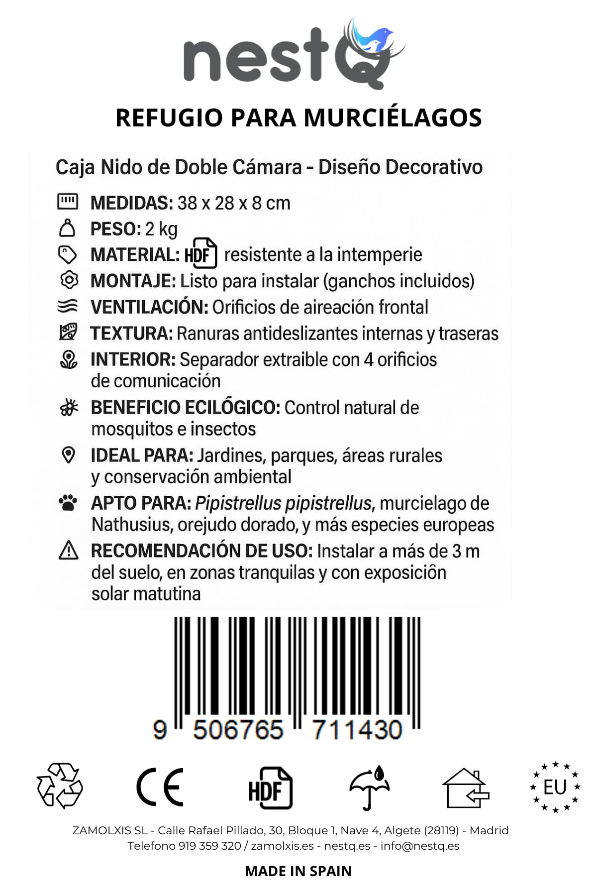 Nido De Murciélagos para Exterior - Casa Grande De Madera con 2 Cámaras - Diseño Especial para Atraer Murciélagos - Fácil Instalación con 2 Ganchos - Separador Extraíble con Orificios De Comunicación